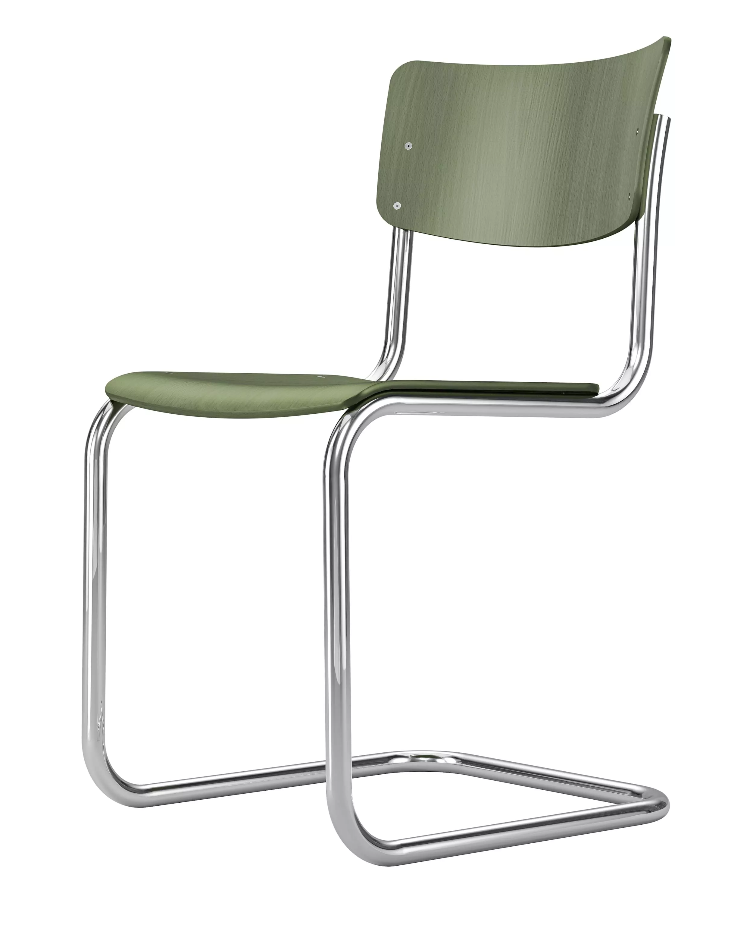 Der Thonet S43 Stuhl in RAL6003 mit klassischem Design und grünem Sitz und Rückenlehne steht ohne Hintergrund.