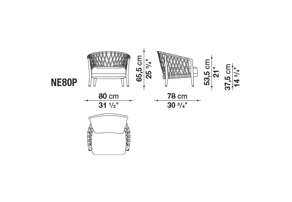 B&B Italia Erica 19 Outdoor Sessel technische Zeichnung mit Maßen 80 cm Breite 78 cm Tiefe 65.5 cm Höhe 53.5 cm Sitzhöhe 37.5 cm Armlehnenhöhe