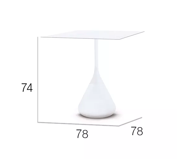 Dedon Satellite Esstisch 78 x 78 cm in Weiß mit quadratischer Tischplatte und konisch geformtem Standfuß technische Zeichnung mit Maßen