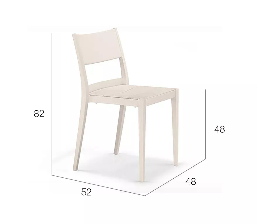 Dedon Play Essstuhl aus Plastik in Cremeweiß mit den Maßen 82x52x48 cm auf einem technischen Datenblatt ohne Hintergrund