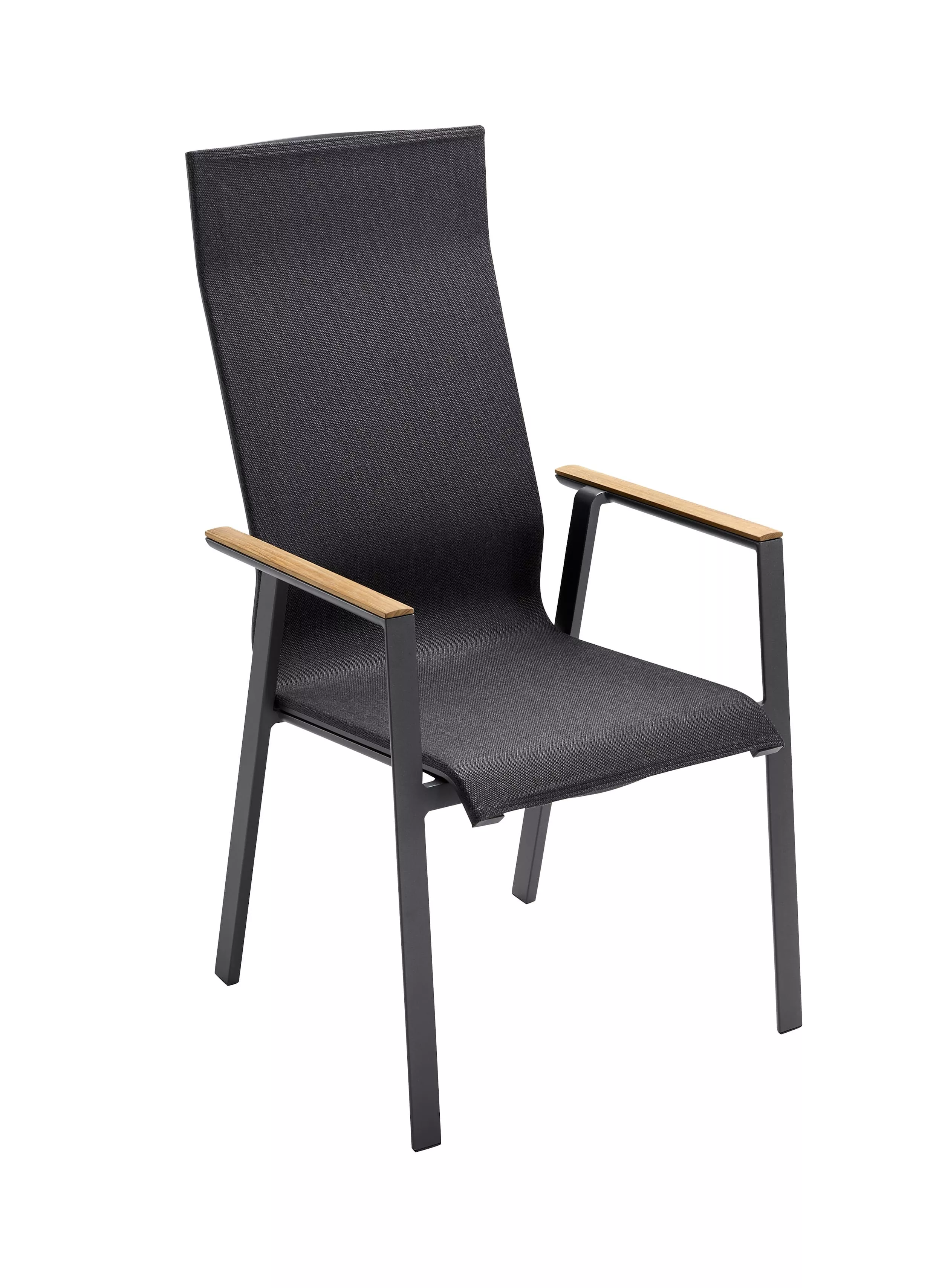 Solpuri Soul Stapelsessel in Anthracite Coal mit Holzarmlehnen freigestellt vor weißem Hintergrund