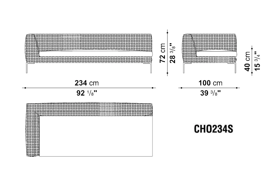 Technisches Datenblatt des Charles Outdoor Endelement links 234 cm von B&B Italia mit Abmessungen und Seitenansicht ohne Hintergrund