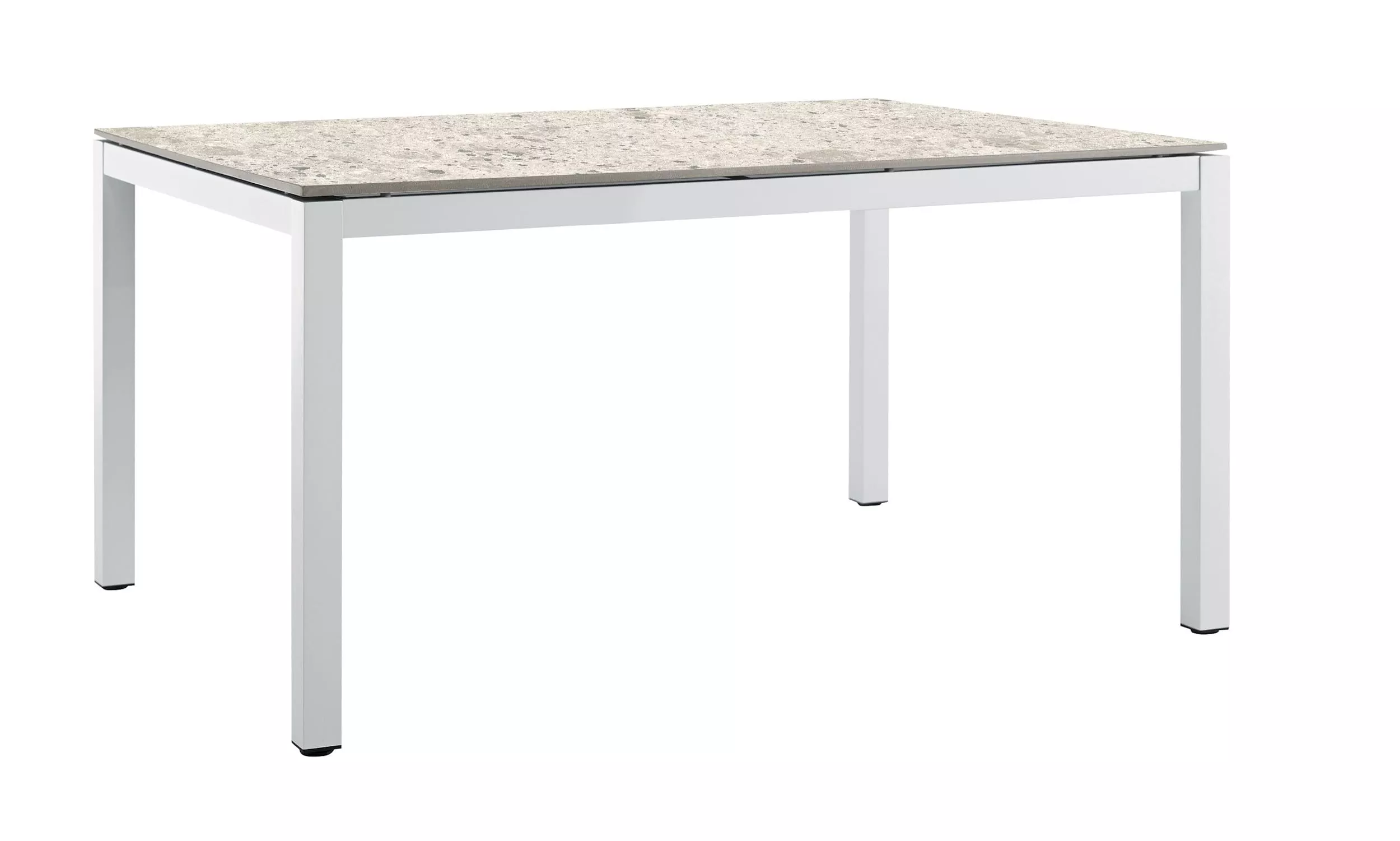 Solpuri Classic Tisch 140x80x70 aus Aluminium in Weiß mit Keramikplatte in Pebble Cream ohne Hintergrund.