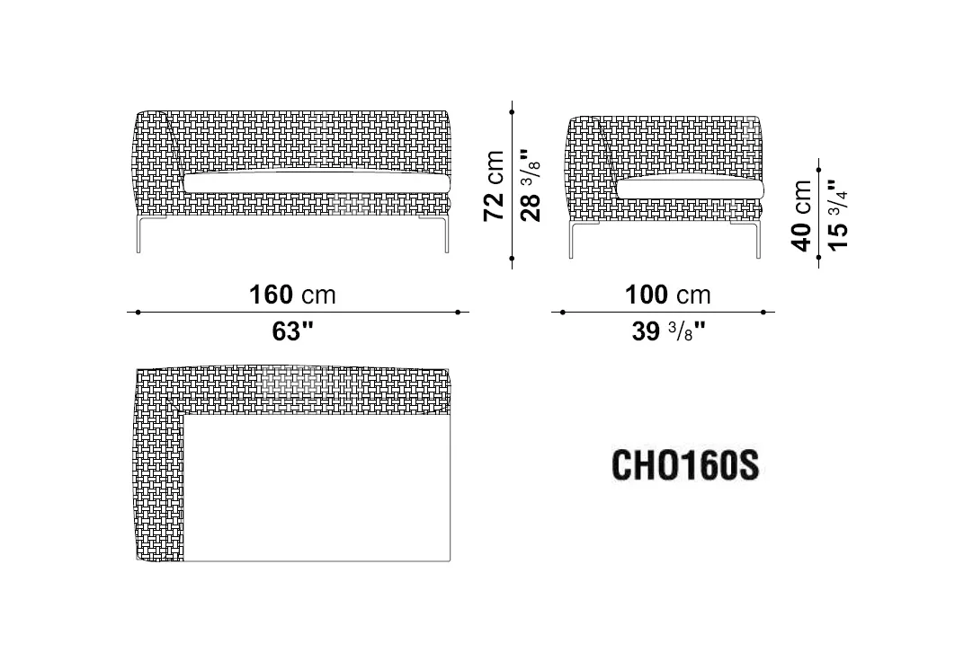 Technisches Datenblatt des Charles Outdoor Endelement links 160 cm von B&B Italia mit Abmessungen und Seitenansichten ohne Hintergrund
