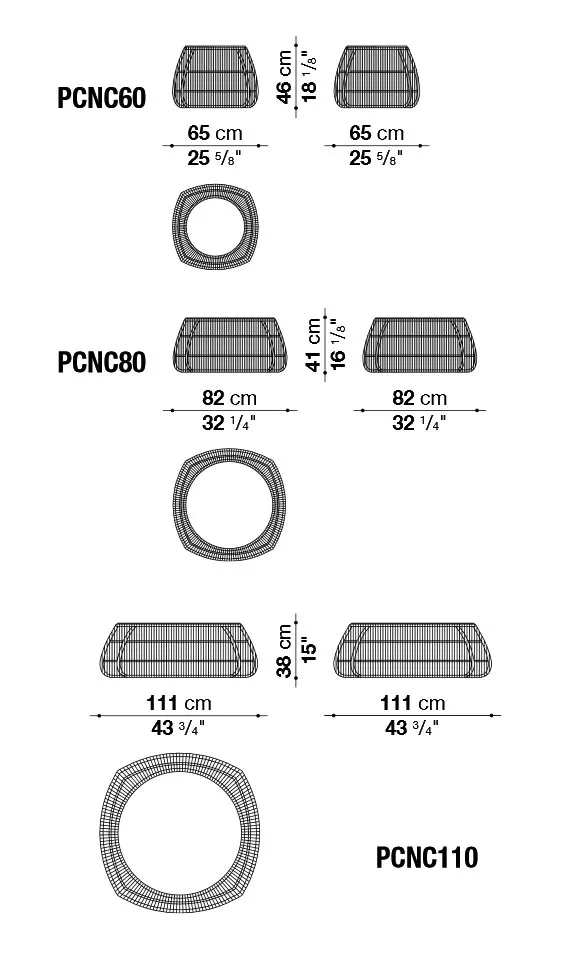 Technisches Datenblatt für B&B Italia Canasta 13 Outdoor Beistelltisch in verschiedenen Größen und Abmessungen