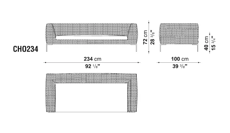 Technisches Datenblatt des Charles Outdoor Sofas von B&B Italia mit den Maßen 234 cm Breite 72 cm Höhe und 100 cm Tiefe.