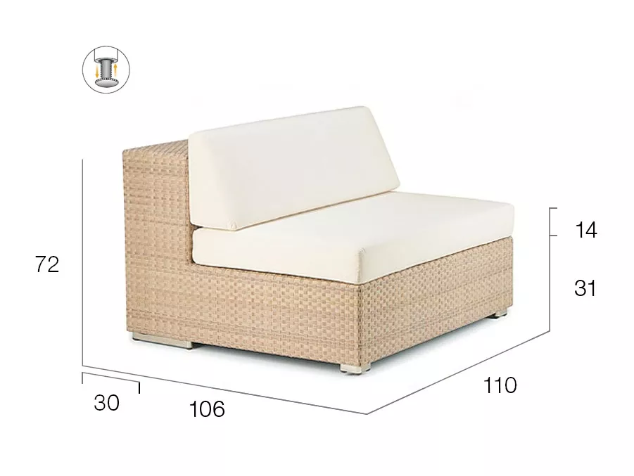 Dedon Lounge modulierbares Sofa Mittelmodul XXL in beige mit Maßen 106x110x72cm auf weißem Hintergrund technische Zeichnung