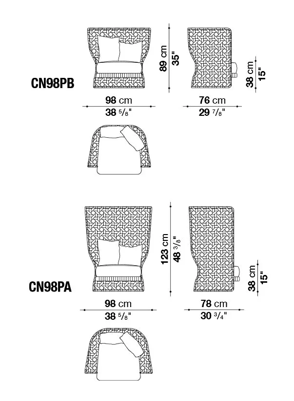B&B Italia Canasta Outdoor Sessel mit hoher Rückenlehne 98 cm technische Zeichnung mit Maßen und Ansichten des Sessels