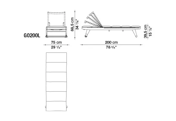 B&B Italia Gio Sonnenliege 200 cm mit Rollen verstellbar technische Zeichnung mit Maßen und Verstellmöglichkeiten