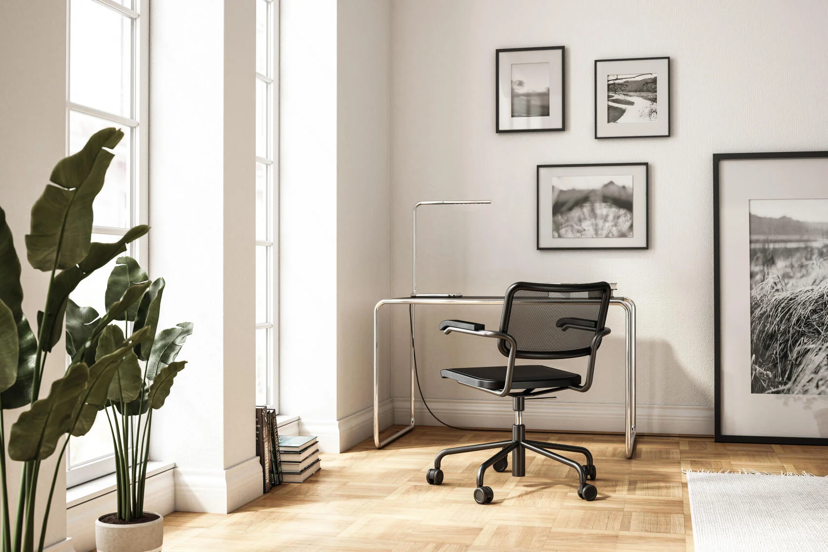 Thonet HomeOffice S285 Schreibtisch und S64NDR Stuhl in Schwarz in einem modernen, hellen Raum mit Holzboden und Pflanzen im Hintergrund.