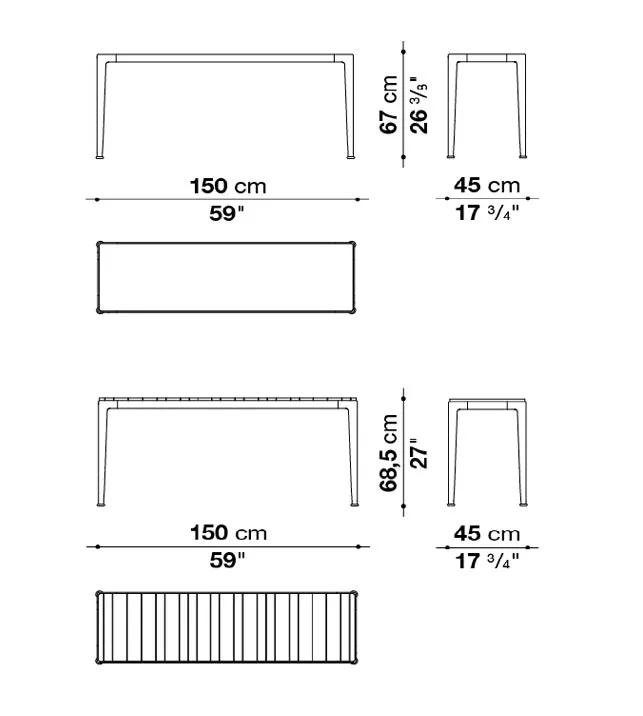 B&B Italia Mirto Outdoor Konsole 150x45 cm Tischplatte Aluminium oder Iroko technische Zeichnung mit Maßen und Ansichten