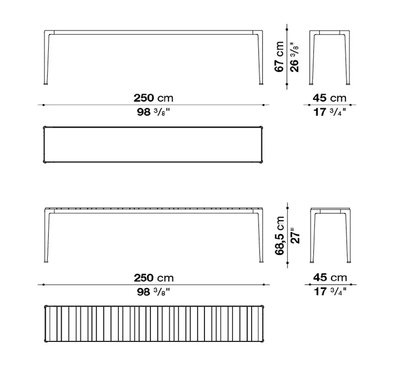 Technisches Datenblatt der B&B Italia Mirto Outdoor Konsole mit 250x45 cm Tischplatte aus Aluminium oder Iroko mit Maßen und Ansichten.