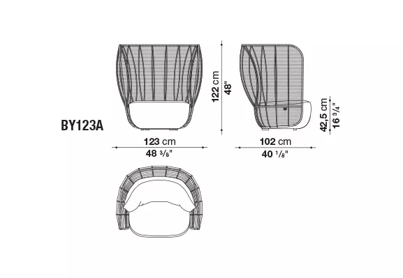 Technisches Datenblatt des B&B Italia Bay Loungesessels mit hoher Rückenlehne zeigt Maße und Ansichten des 123 cm breiten und 102 cm tiefen Sessels