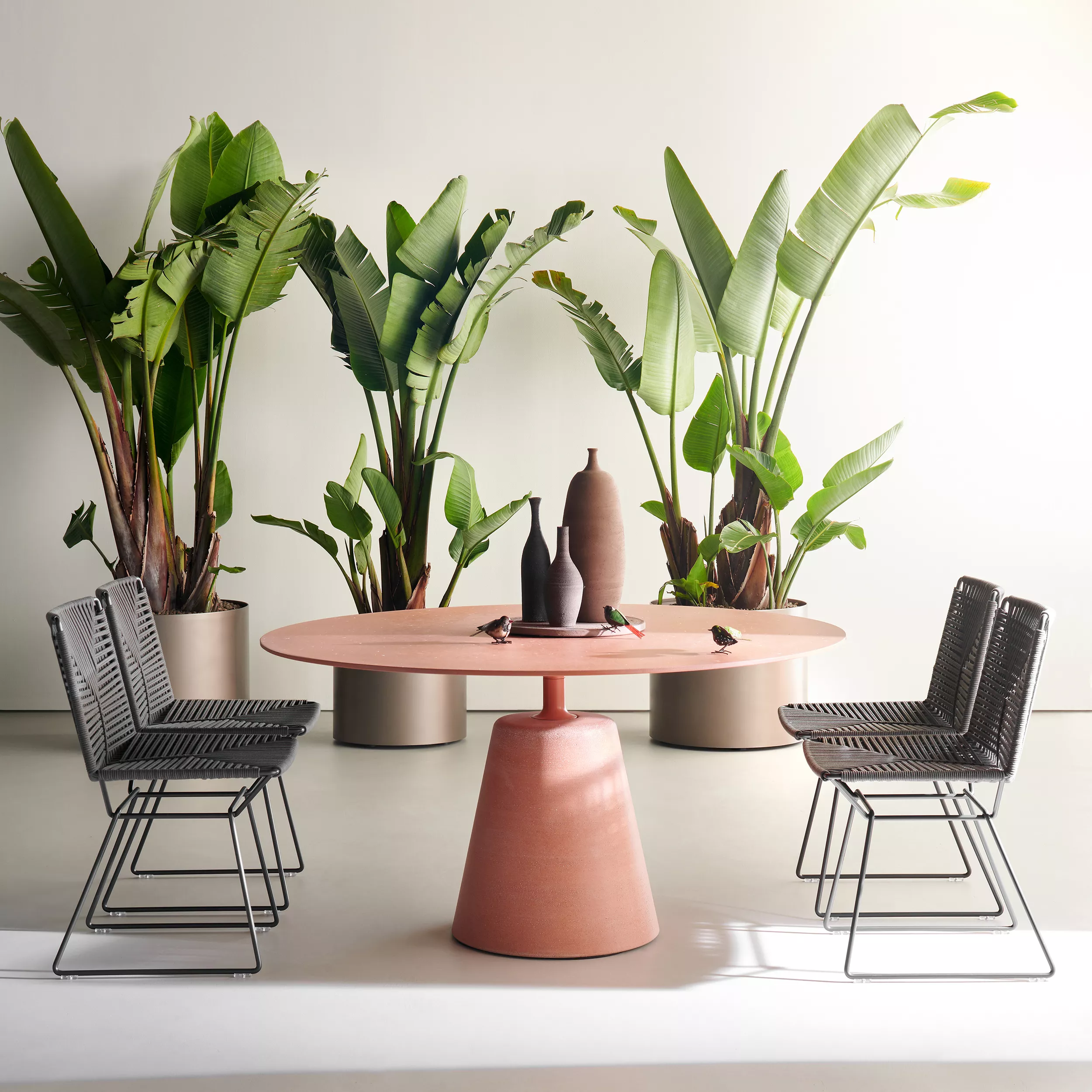 MDF Italia Neil Twist Stuhl und runder Tisch in einem modernen Raum mit großen grünen Pflanzen im Hintergrund