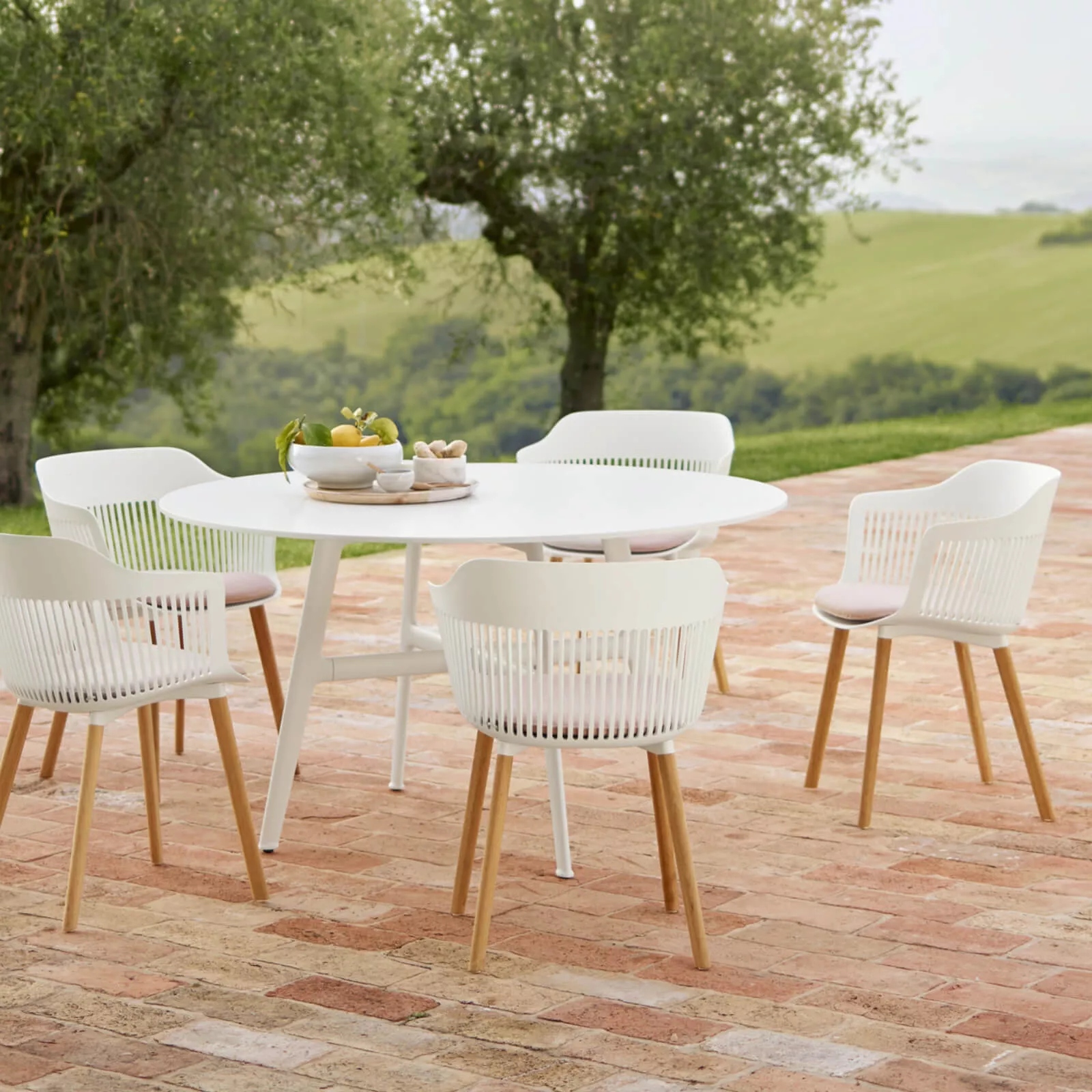 Dedon Aiir Stühle und runder Tisch auf einer Terrasse mit Obstschale im Freien umgeben von Bäumen und grüner Landschaft