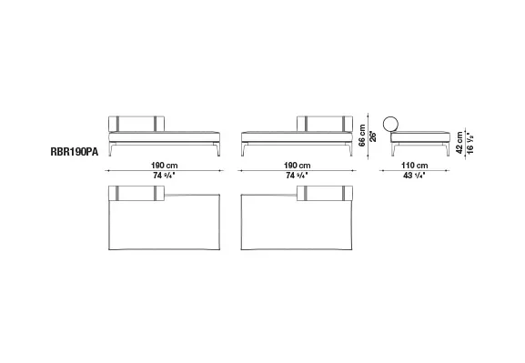 Technisches Datenblatt für B&B Italia Ribes Loungemodul mit Kissenrolle 95 cm Bank rechts 190 cm mit Abmessungen und Seitenansichten