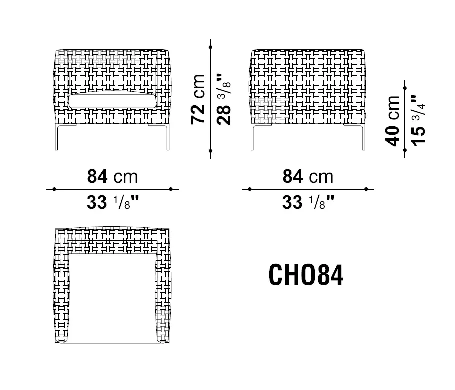 Technische Zeichnung des Charles Outdoor Sessels von B&B Italia mit den Maßen 84 cm Breite 72 cm Höhe und 40 cm Sitzhöhe