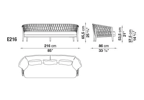 Technisches Datenblatt des B&B Italia Erica Loungesofas mit den Maßen 216 cm Breite 86 cm Tiefe und 65.5 cm Höhe.