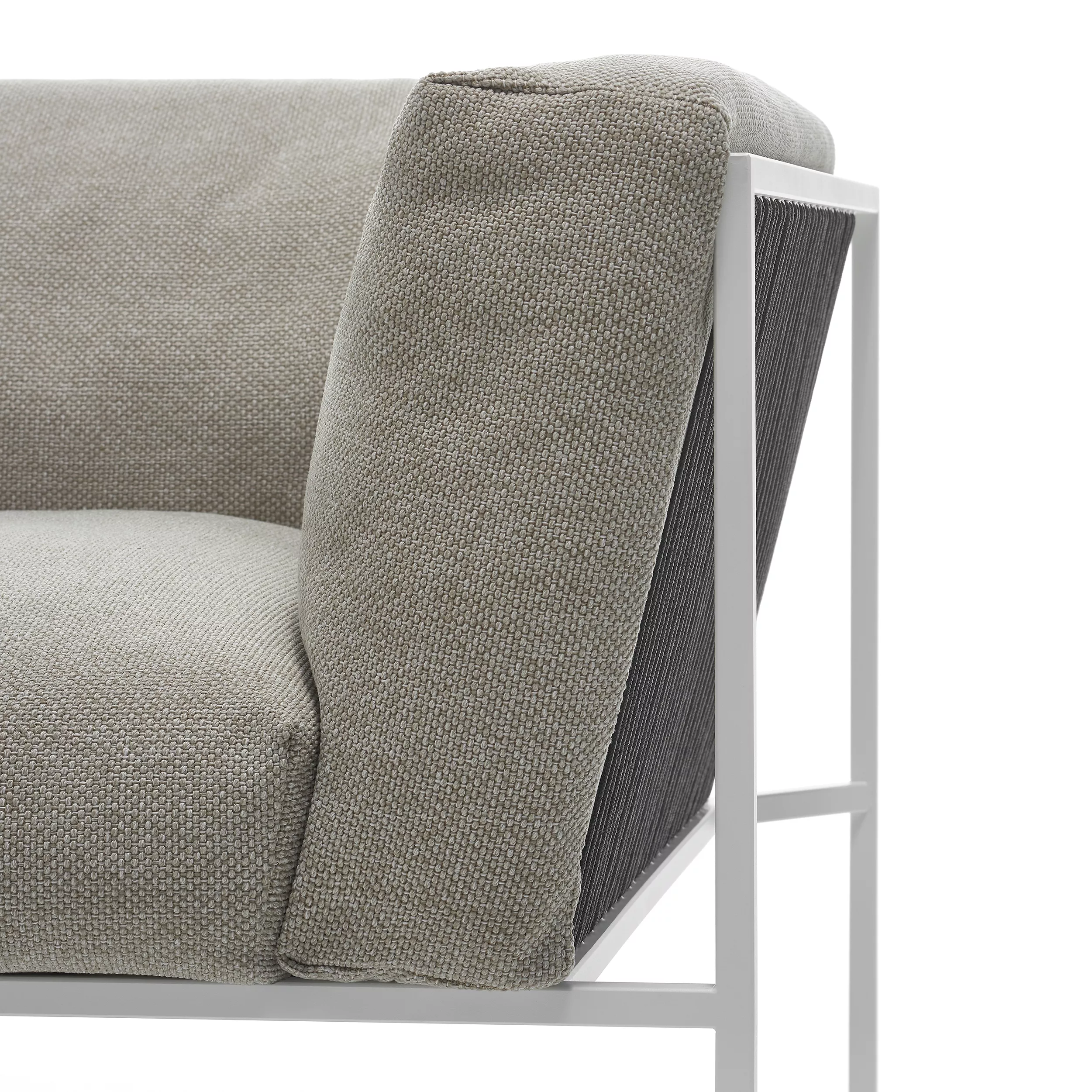 MDF Italia Arpa Loungesofa in Nahaufnahme zeigt die Textur des grauen Stoffes und das weiße Metallgestell ohne Hintergrund