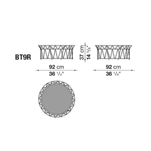 Technisches Datenblatt des B&B Italia Butterfly runder Loungetisch mit den Maßen 92 cm Durchmesser und 37 cm Höhe.
