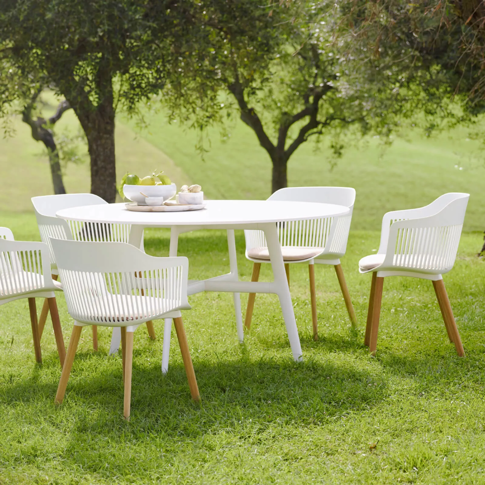 Dedon Aiir Gartenmöbel-Set bestehend aus einem weißen Tisch und vier weißen Stühlen mit Holzbeinen auf einer grünen Wiese im Freien.