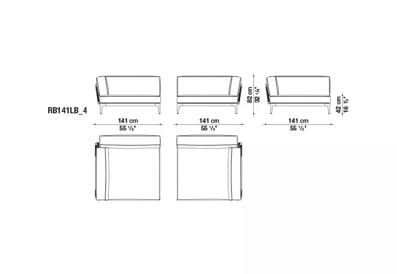 Technische Zeichnung des B&B Italia Ribes Chaiselongue Moduls mit den Maßen 141x141 cm und verschiedenen Ansichten