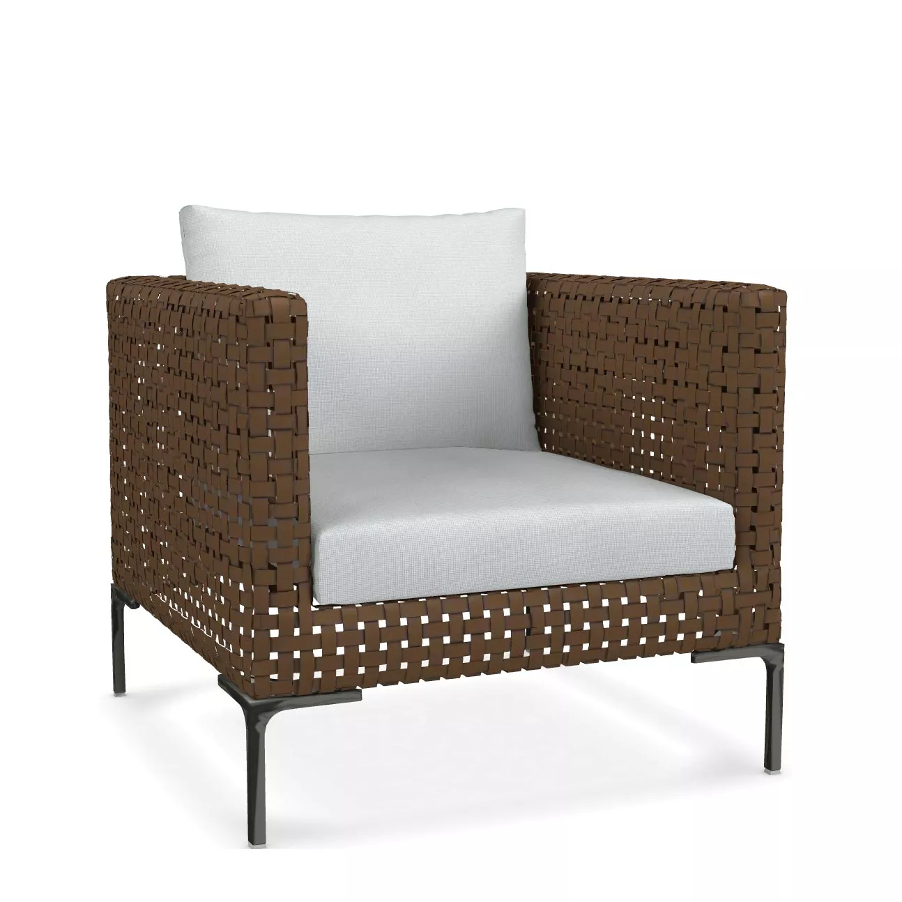 B&B Italia Charles Outdoor Sessel mit braunem Geflecht und weißen Polstern ohne Hintergrund