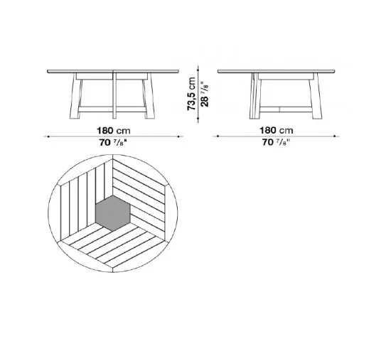 Technisches Datenblatt des B&B Italia Ginestra Gartentischs 180 cm mit Abmessungen und Draufsicht.