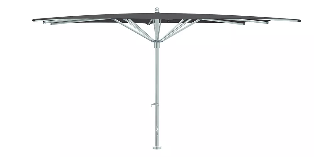 Ocean Master Zero Horizon Sonnenschirm in Anthrazit, freistehend, auf weißem Hintergrund, technische Zeichnung.