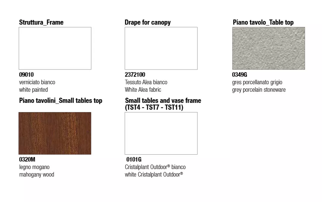 Technisches Datenblatt mit verschiedenen Materialien und Farben für B&B Italia Springtime Outdoor Kollektion ohne Hintergrund