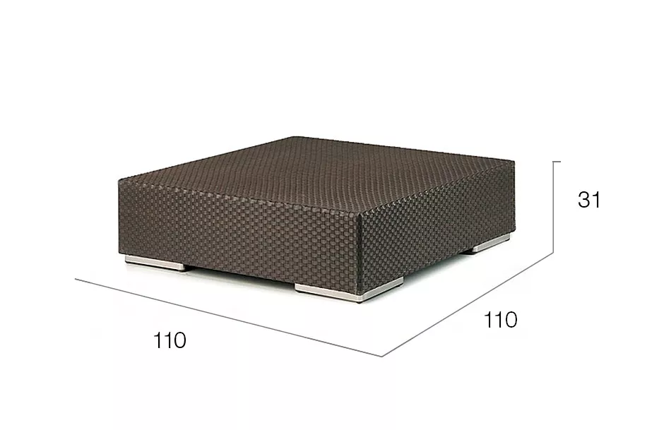 Dedon Lounge Kaffeetisch bzw Hocker in braun quadratisch mit den Maßen 110x110x31 cm auf weißem Hintergrund technische Zeichnung