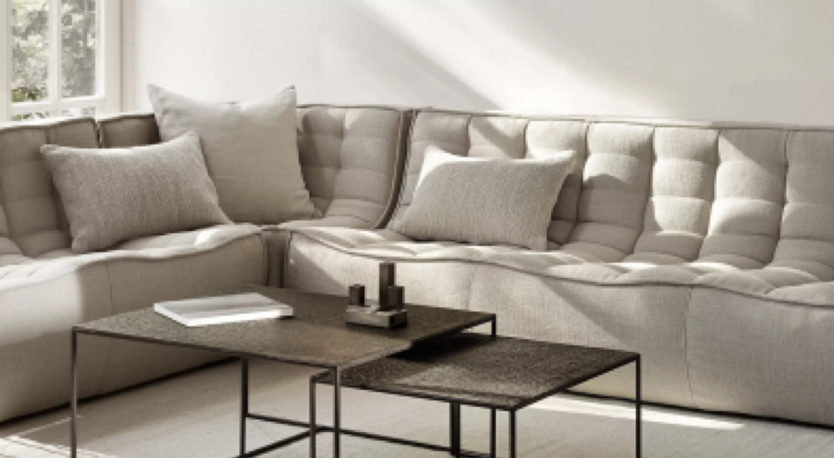 Grau-beiges Rolf Benz Sofa in einem modernen Wohnzimmer mit zwei passenden Kissen und einem schwarzen Couchtisch auf hellem Teppich.