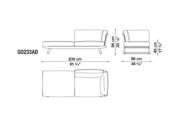 Technisches Datenblatt des B&B Italia Gio Gartensofa Eckmodul 233 cm rechts mit Abmessungen und Seitenansichten.