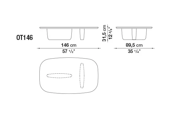 B&B Italia Tobi Ishi Outdoor Loungetisch 146x89 cm technische Zeichnung mit Maßen und Seitenansicht