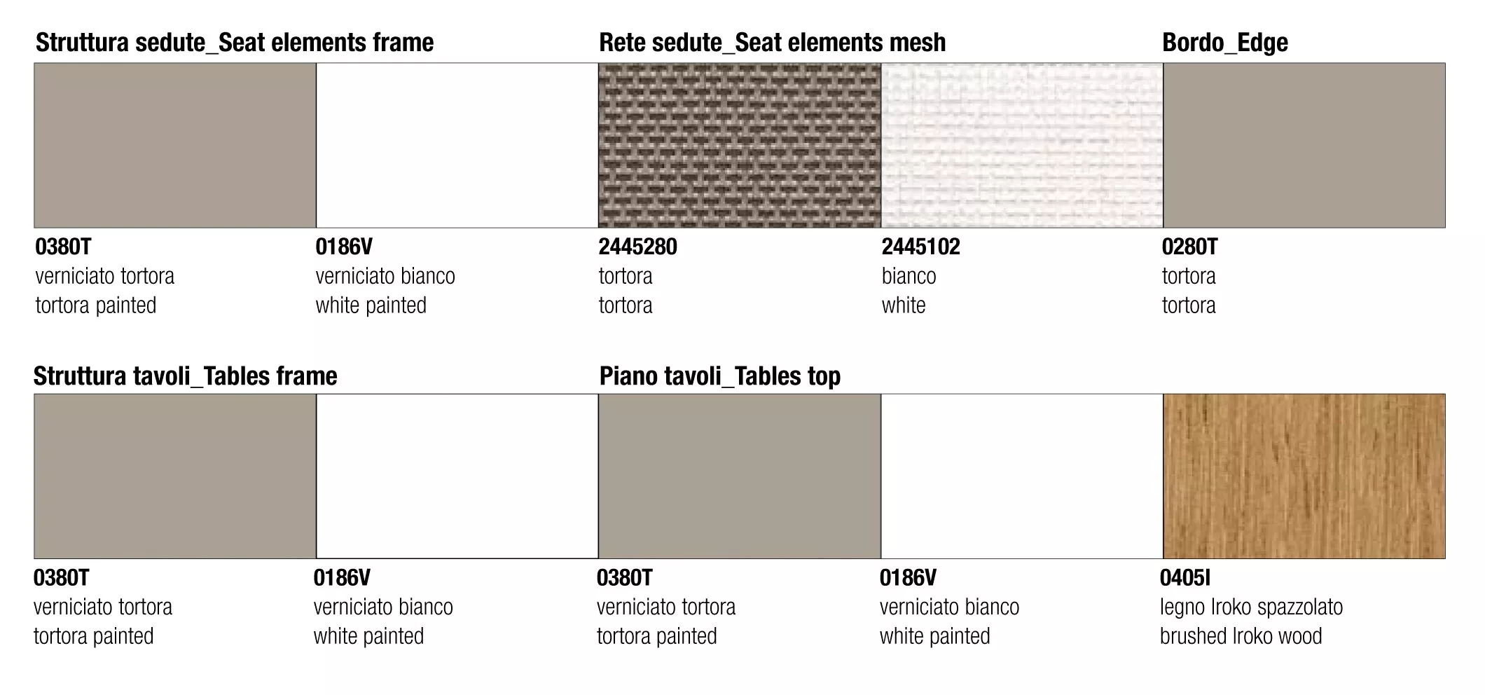Technisches Datenblatt mit verschiedenen Farben und Materialien für B&B Italia Mirto Outdoor Gartenstuhl und Tisch