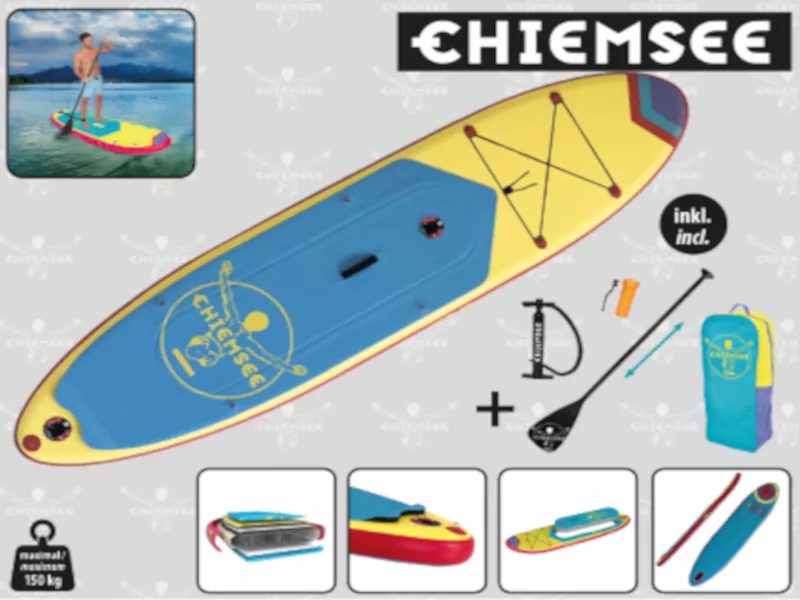Chiemsee Stand Up Paddle Board in Gelb und Blau, inklusive Paddel und Pumpe, auf grauem Hintergrund mit technischen Details.