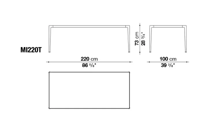 Technisches Datenblatt des B&B Italia Mirto Outdoor Esstischs mit den Maßen 220 cm Länge 100 cm Breite und 73 cm Höhe.