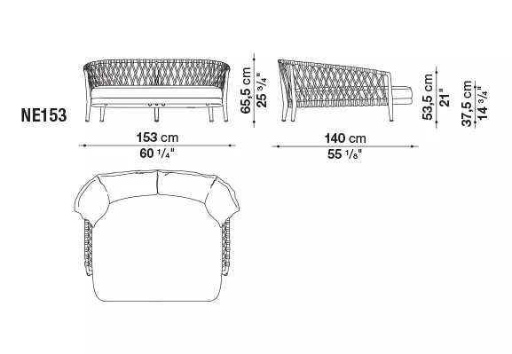 Technisches Datenblatt des B&B Italia Erica 19 Outdoor Daybed Sofas mit Abmessungen und Seitenansichten.