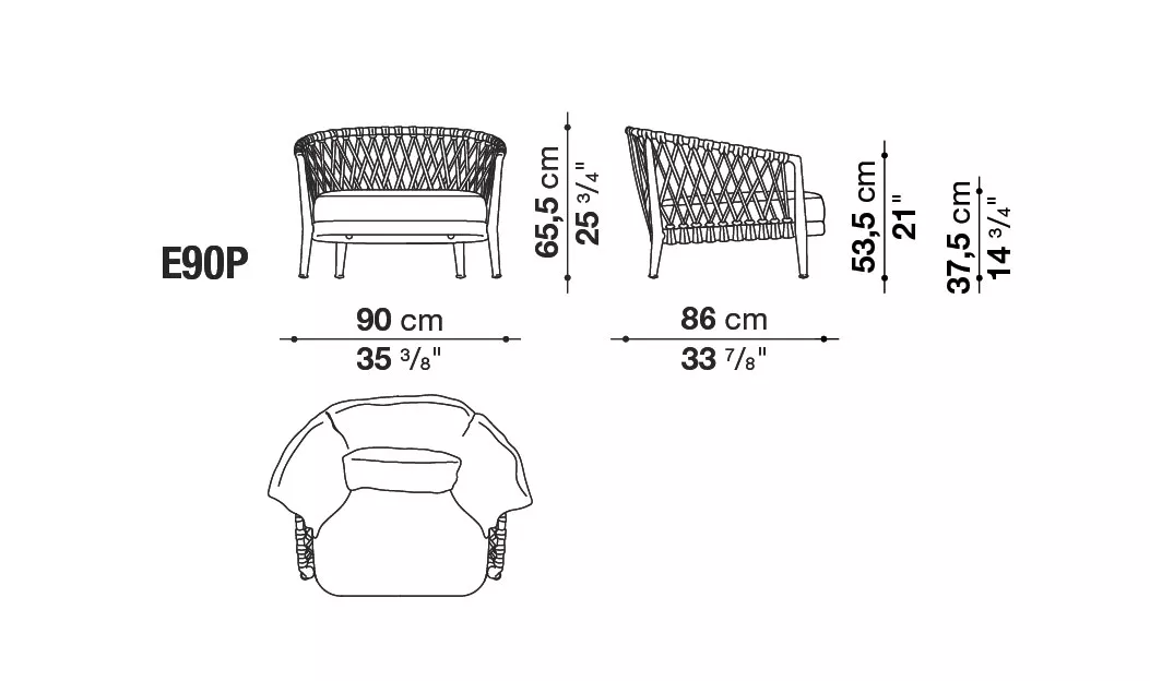 B&B Italia Erica Loungesessel 90 cm technische Zeichnung mit Maßen und Ansichten von vorne seitlich und oben
