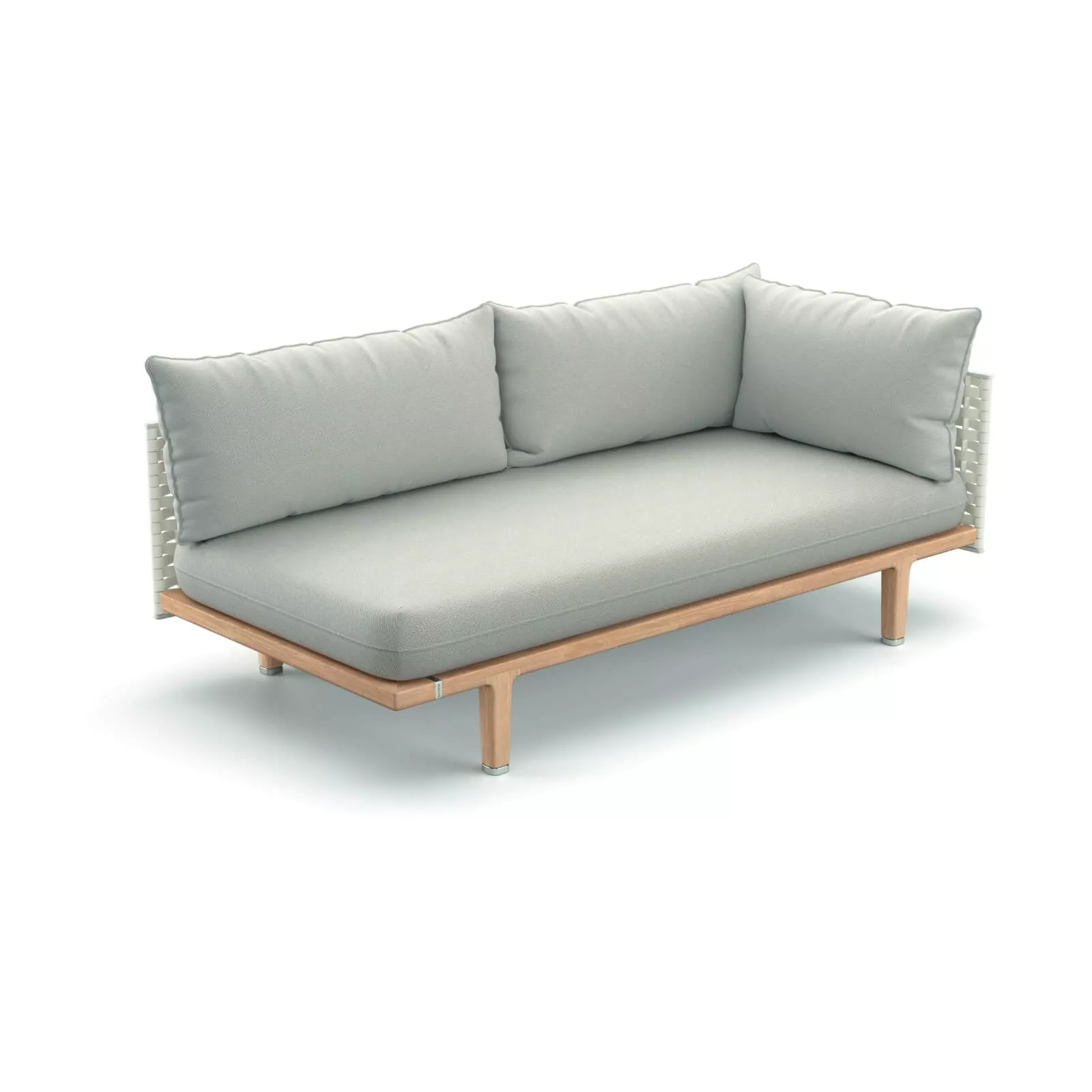 Dedon Sealine Modul links in hellem Grau mit Holzrahmen und bequemen Kissen ohne Hintergrund