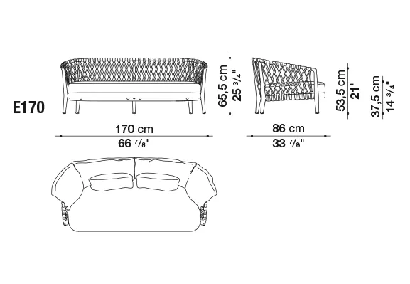 B&B Italia Erica Loungesofa 170 cm technische Zeichnung mit Maßen und Details zur Höhe Breite und Tiefe des Sofas ohne Hintergrund