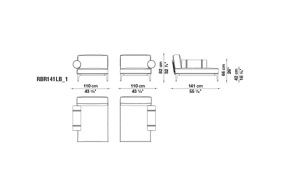 Technisches Datenblatt der B&B Italia Ribes Chaiselongue rechts mit den Maßen 141 cm Breite 82 cm Höhe und 66 cm Tiefe.