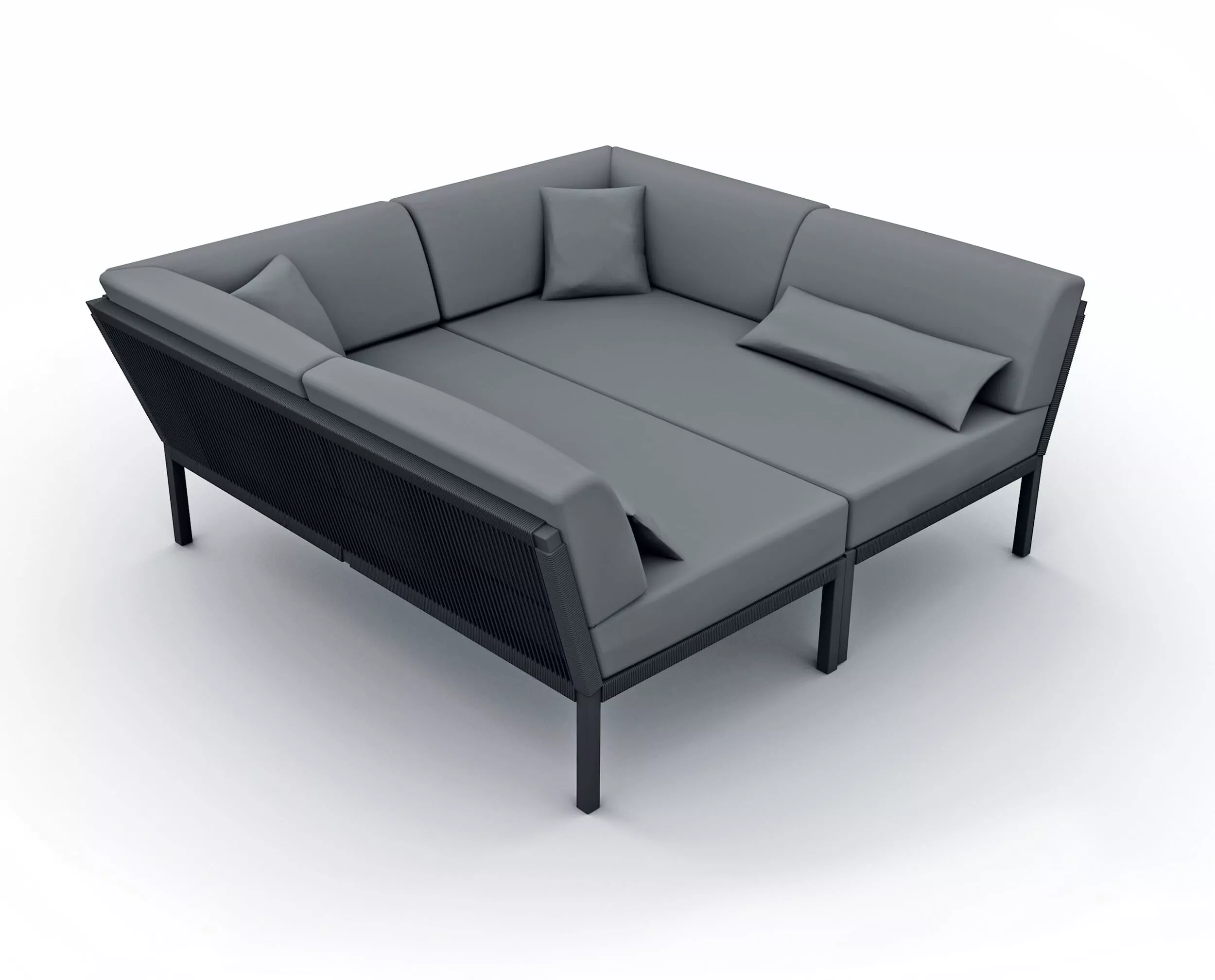Solpuri Club Arrangement 3 zeigt ein modernes graues Outdoor-Sofa mit Kissen auf weißem Hintergrund