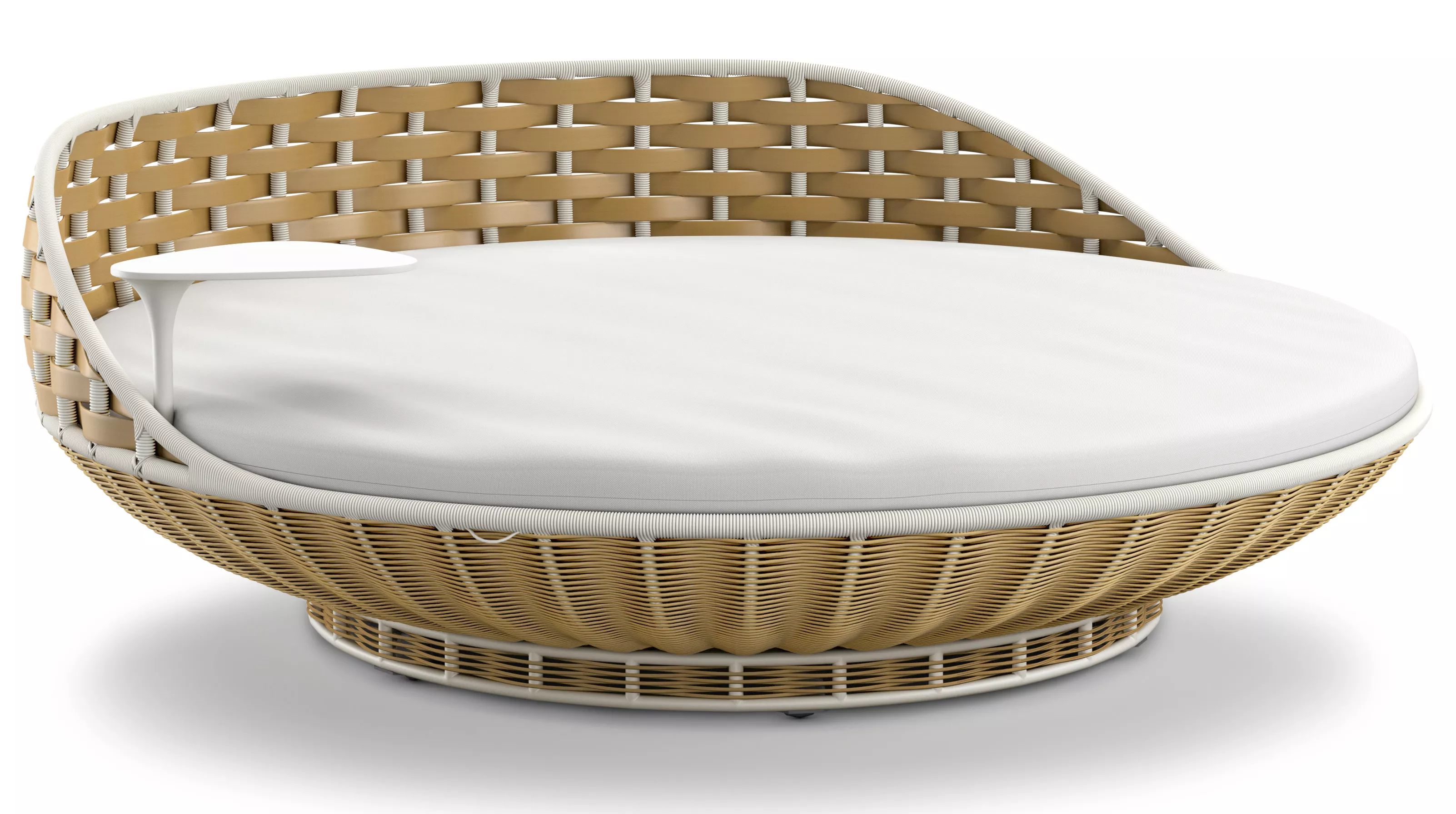 DEDON Swingrest Swingme ist ein runder Hängesessel mit weißem Kissen und integriertem Tisch ohne Hintergrund