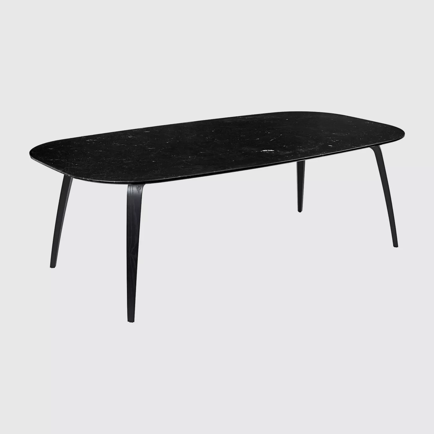 GUBI Esstisch Elliptisch 230x120x73 mit Holzgestell in schwarz gebeizter Esche und schwarzer Marquina Marmorplatte ohne Hintergrund