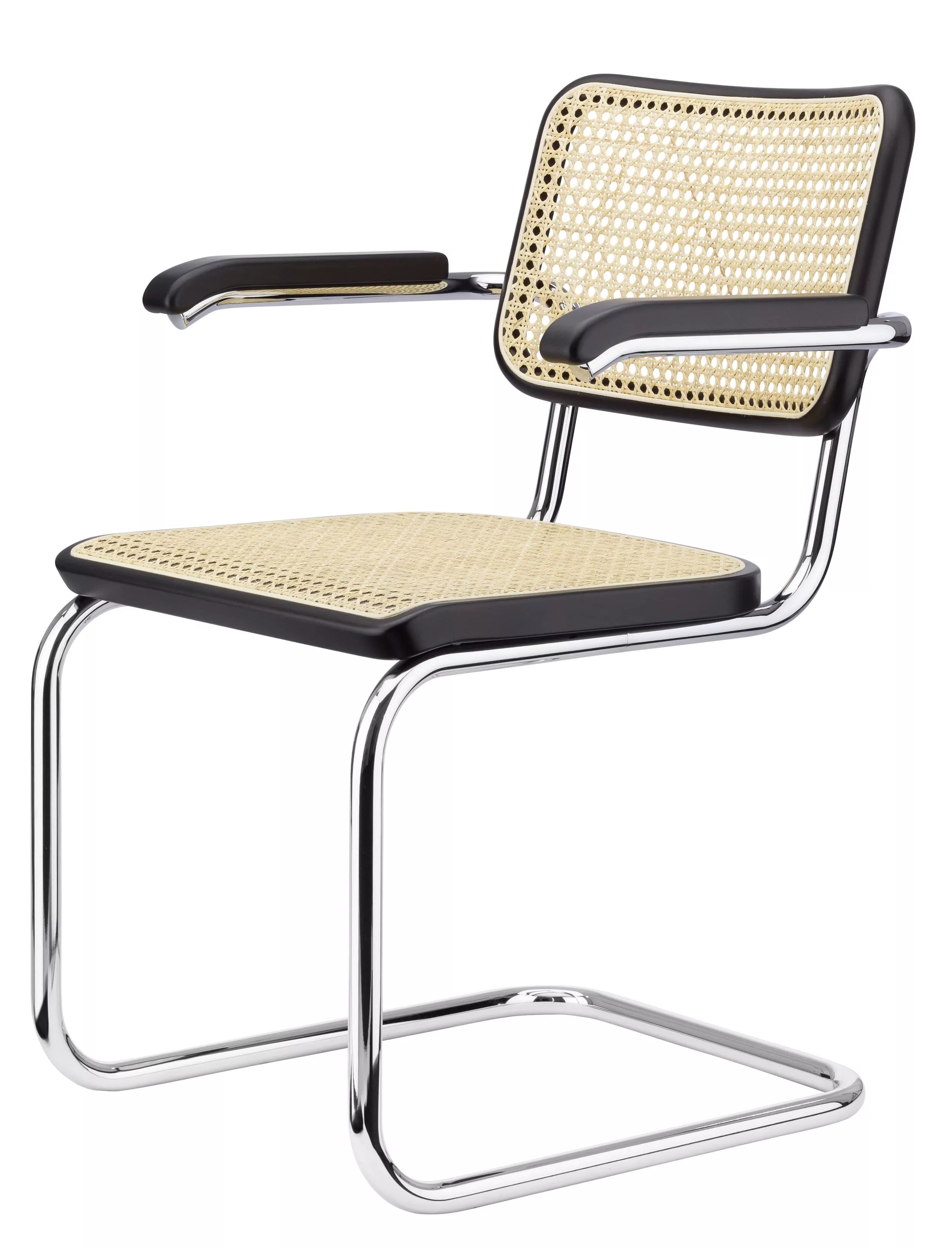 Thonet Stuhl S 64 mit schwarzem Rahmen und geflochtener Sitzfläche und Rückenlehne ohne Hintergrund