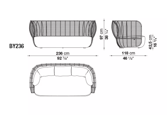 Technisches Datenblatt des B&B Italia Bay Loungesofas BY236 mit Abmessungen 236 cm Breite 118 cm Tiefe und 97 cm Höhe in Draufsicht und Seitenansicht