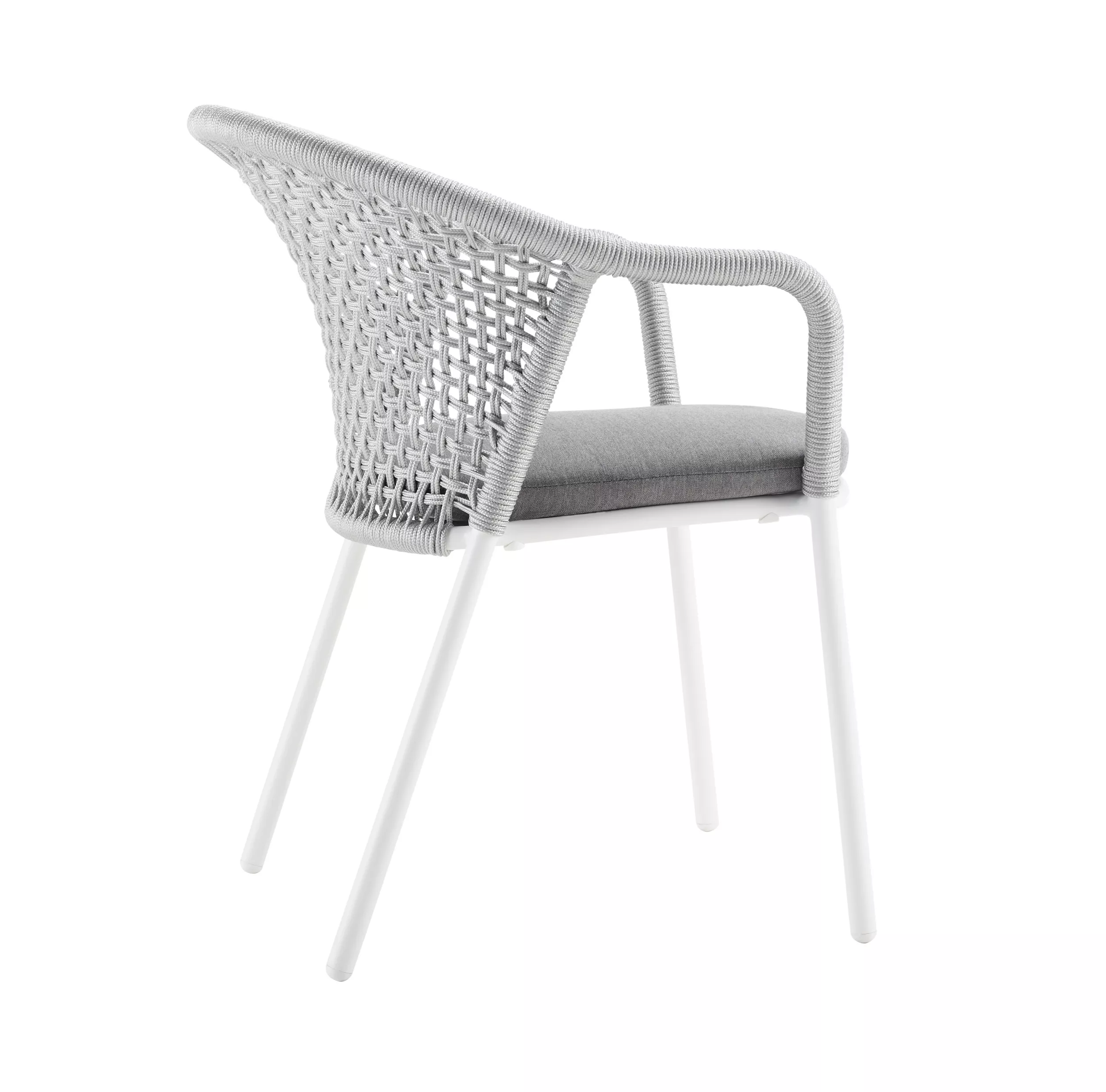 Solpuri Jooy Stapelsessel in Weiß mit grauem Sitzkissen ohne Hintergrund