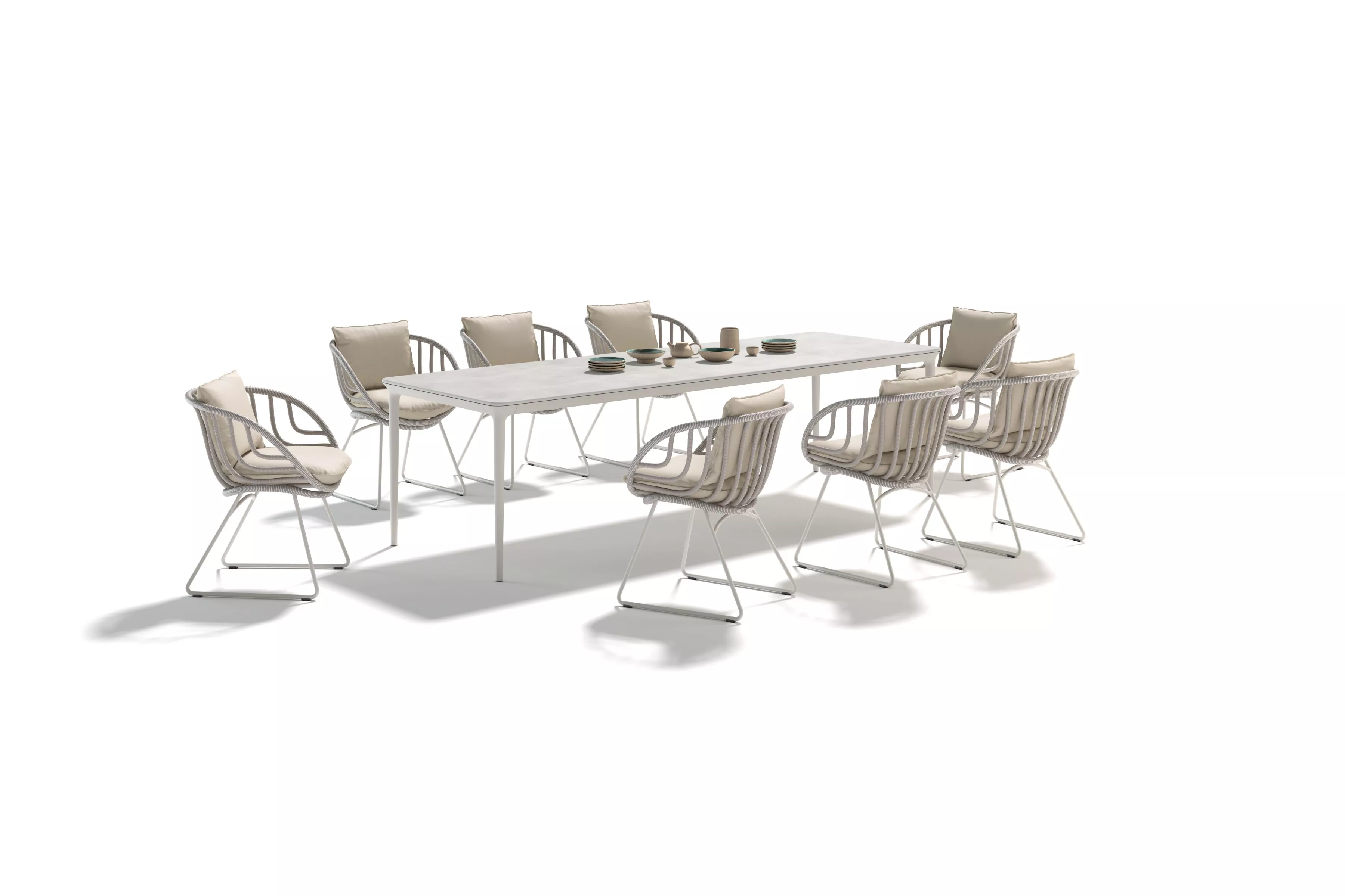 Dedon Kida Bellmonde Essgruppe mit acht Stühlen und einem Tisch in einem minimalistischen Design ohne Hintergrund