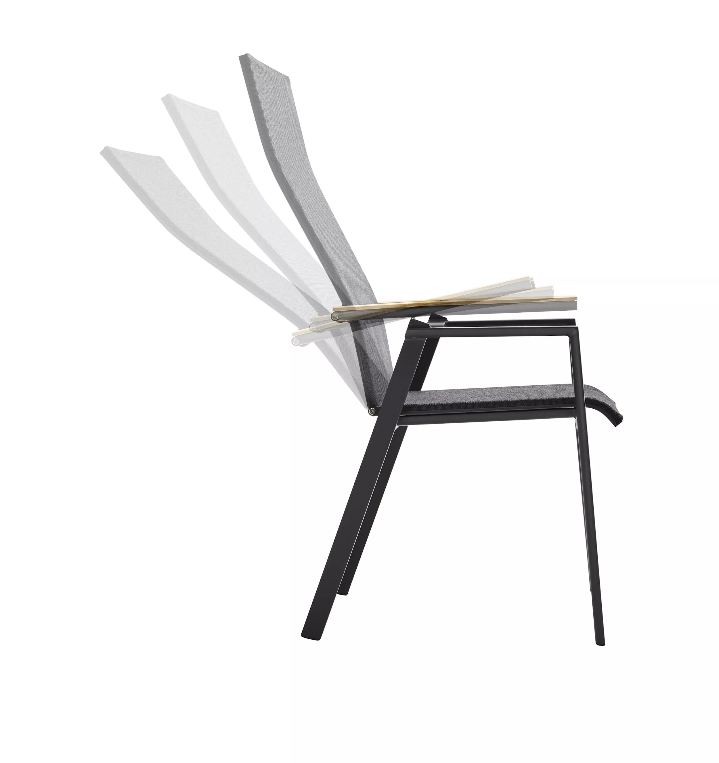 Solpuri Soul Verstellsessel in Anthracite Coal zeigt die Verstellmechanik des Sessels in verschiedenen Positionen ohne Hintergrund.